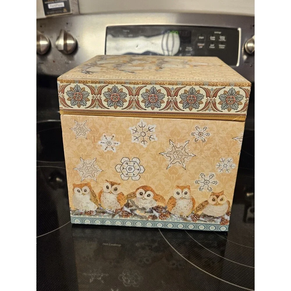 Elegant Storage Box Blue, Yellow, Silver Filigree Owl Print 9